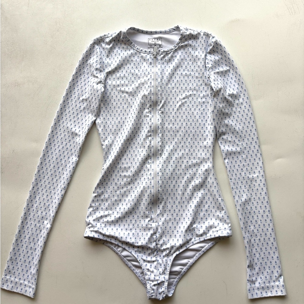 Cover Swim Long Sleeve Front Zip One Piece Swimsuit Rashguard XS blue flower